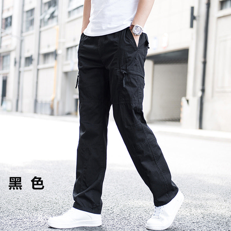 Men Pure Cotton Loose Fit Multi-Pocket Cargo Pants Breathable Straight Leg Casual Trousers teemdrop