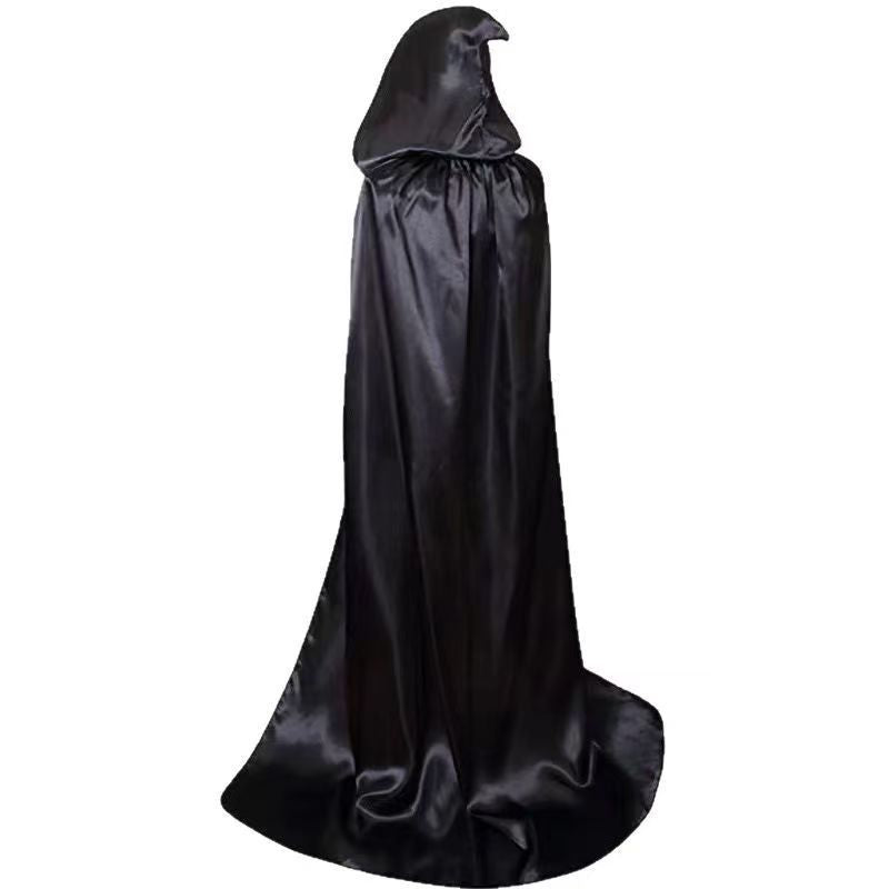 Adult Black Satin Grim Reaper Hooded Cloak Halloween Costume