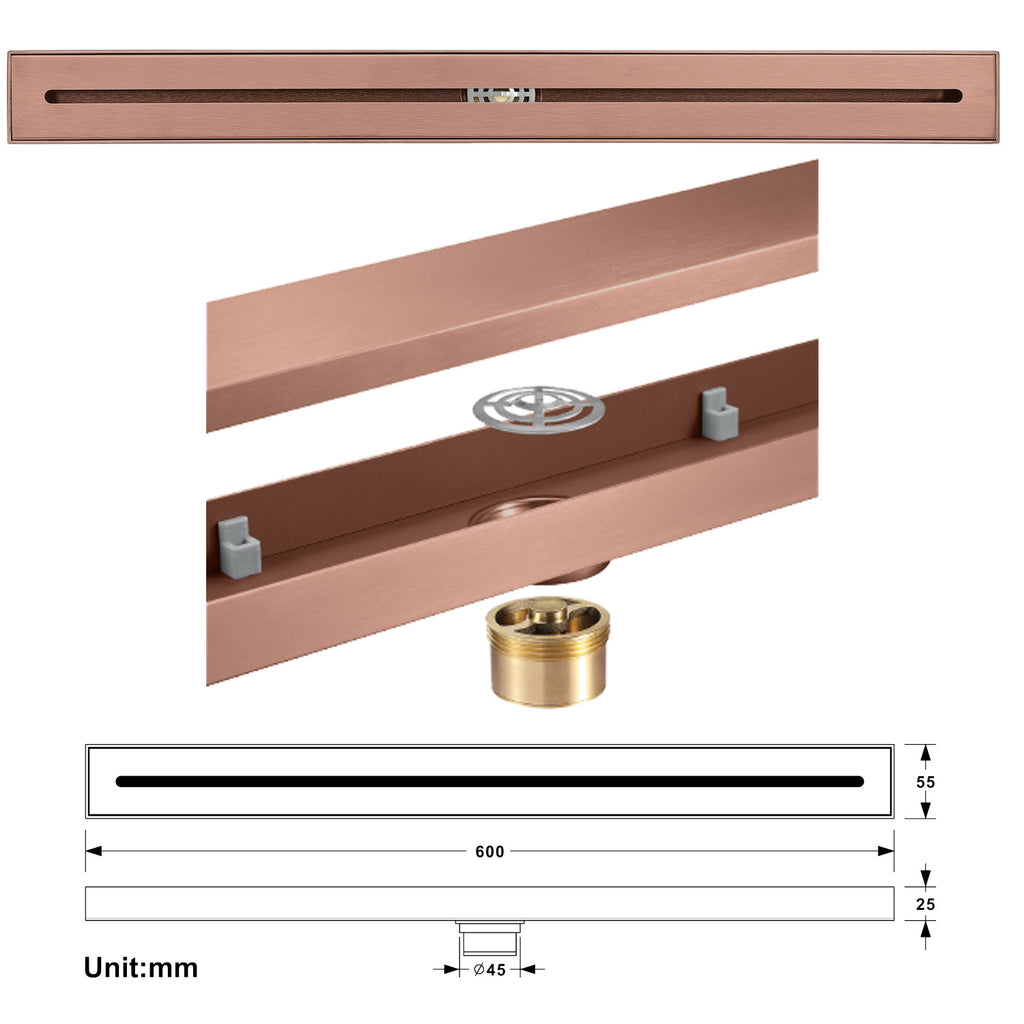 Rose Gold Copper Anti-Odor Concealed Tile Insert Square Linear Floor Drain teemdrop