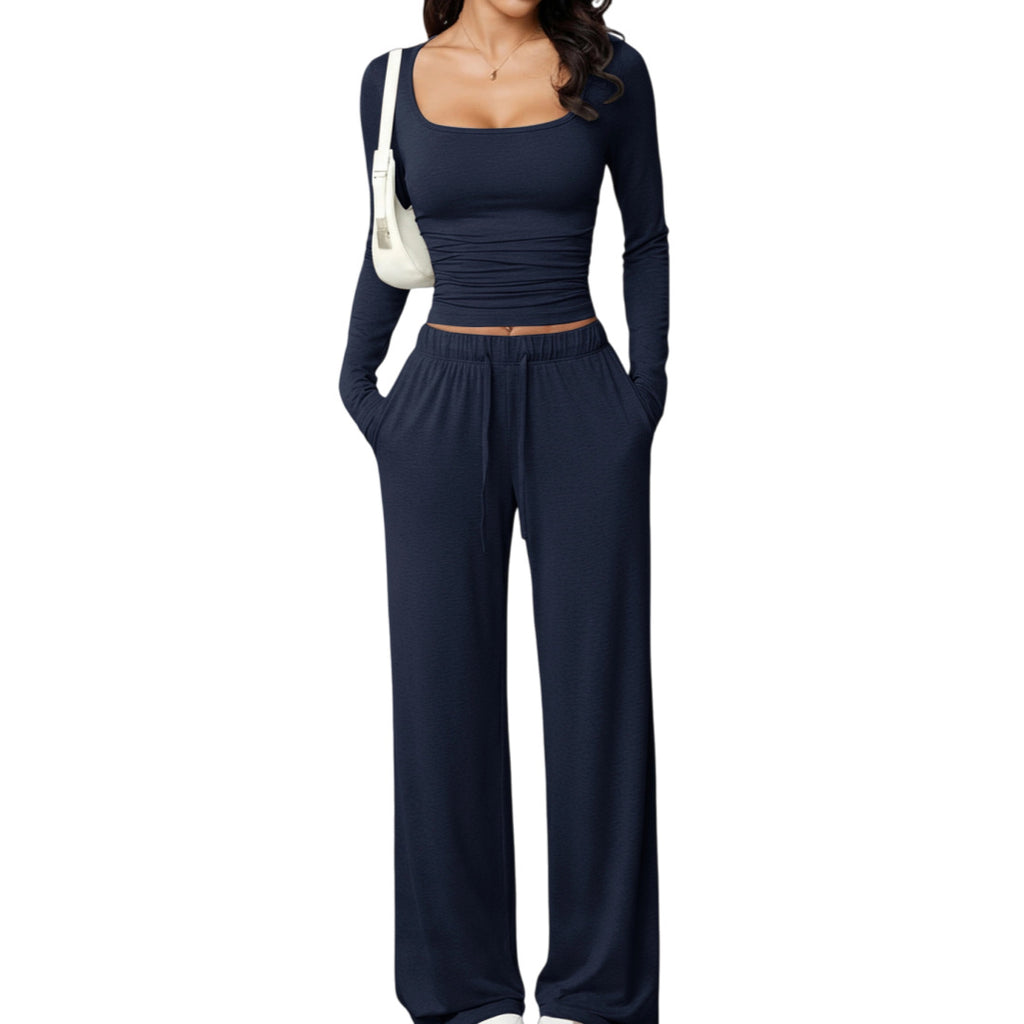 casual pants set with square-neck long-sleeve short top