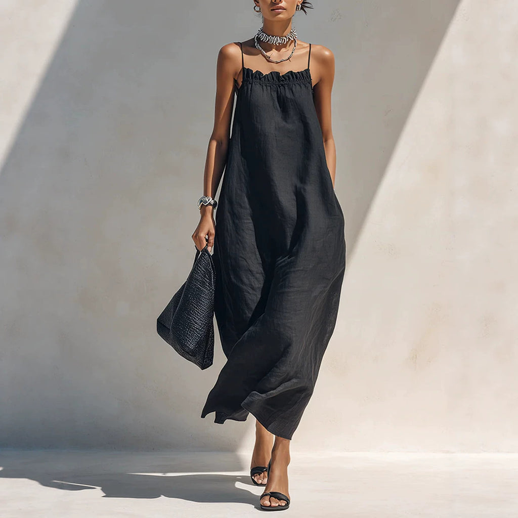 Women's Summer Solid Color Ruffle Collar Sleeveless A-Line Long Dress teemdrop
