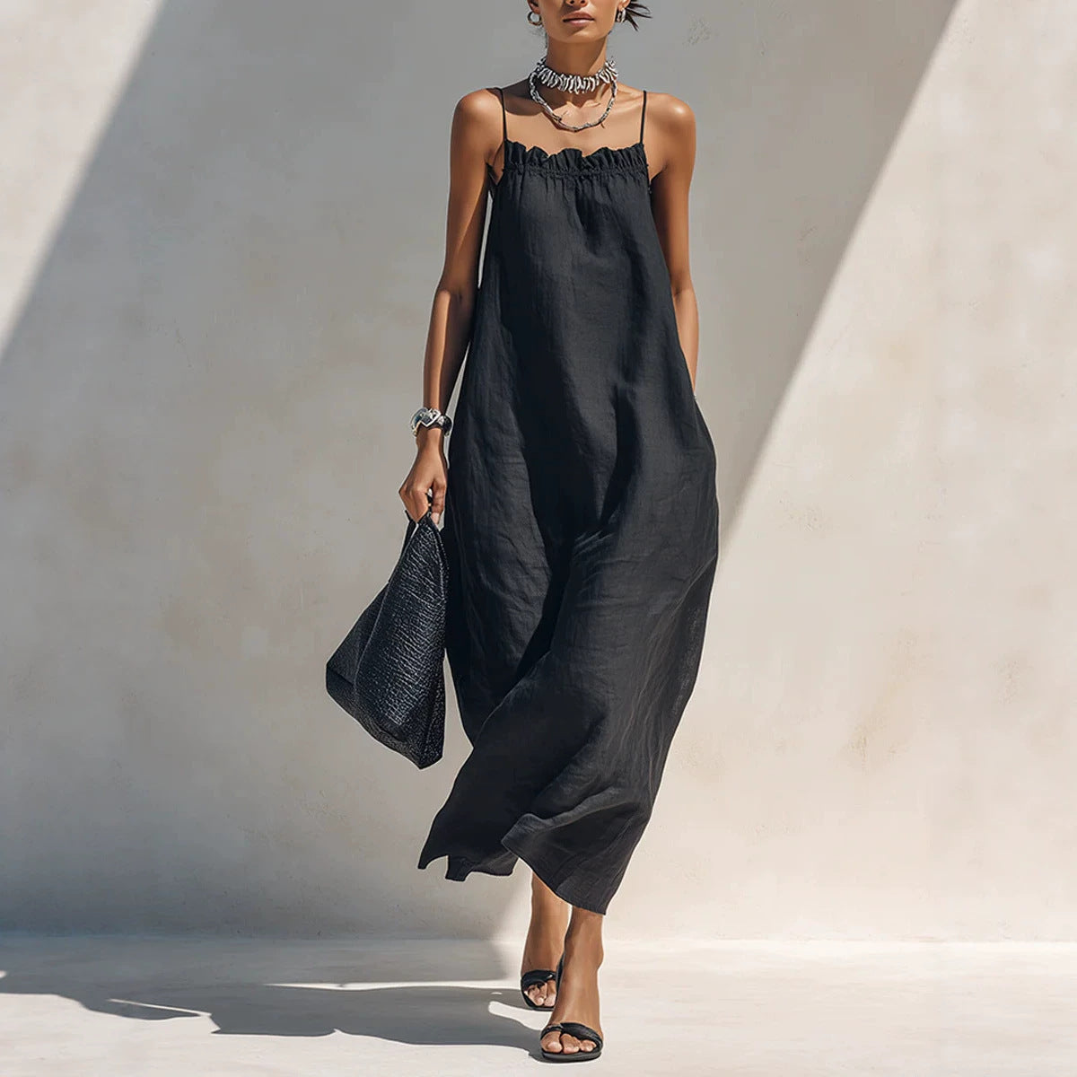 Women's Summer Solid Color Ruffle Collar Sleeveless A-Line Long Dress teemdrop