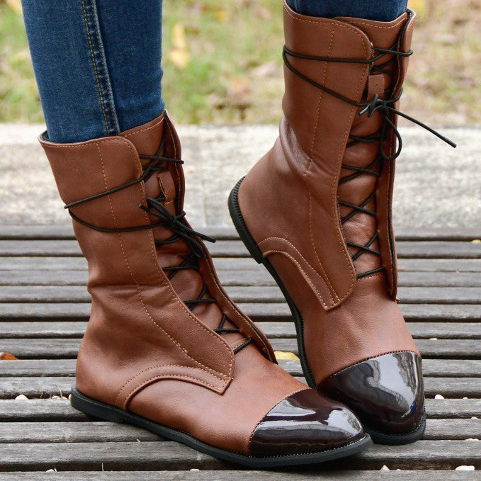Martin Women's Boots Spring & Fall New British Style Pu Thin Lace-Up Round Toe Square Heel Mid-Heel Handsome Short Boots teemdrop