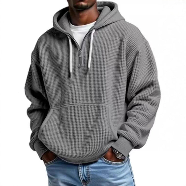 Men?s Heavyweight Waffle Knit Zip-Up Hooded Long Sleeve Loose Fit Casual Sweatshirt teemdrop