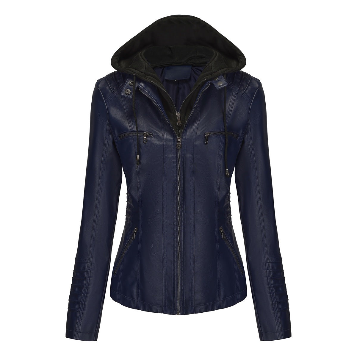 Womens Hooded PU Leather Jacket Two-Piece Set