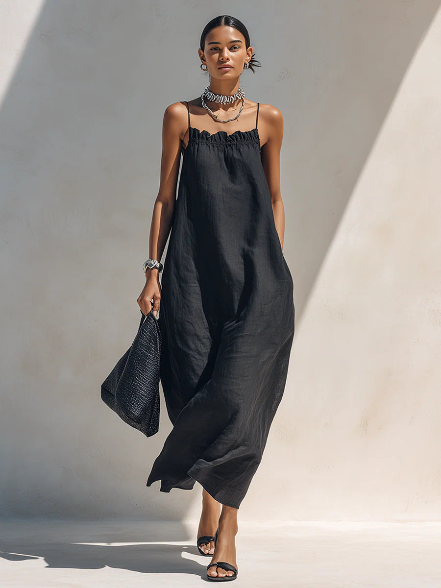 Women's Summer Solid Color Ruffle Collar Sleeveless A-Line Long Dress teemdrop