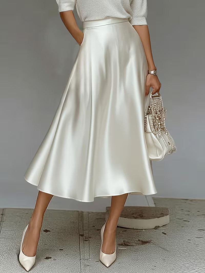 Women's Satin A-Line Midi Skirt Solid Color Elegant Workwear teemdrop