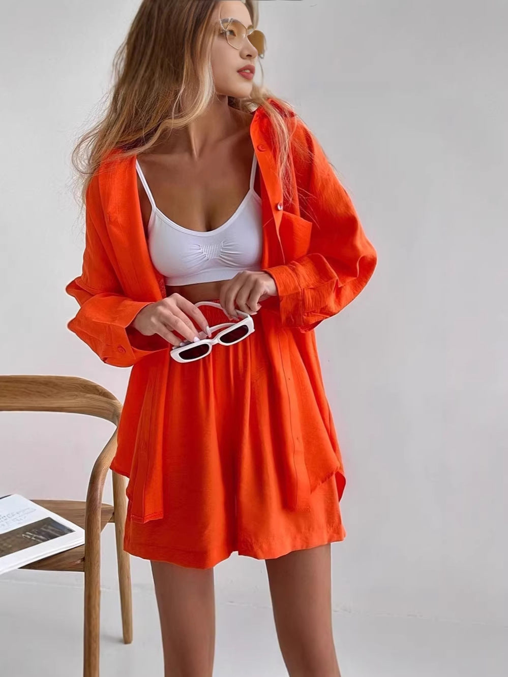 Women's Solid Lapel Shirt and High-Waist Shorts Casual Two-Piece Set teemdrop