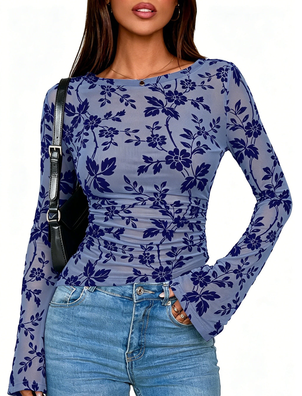 Women's Floral Flocked Mesh Slim Fit Long Sleeve T-Shirt teemdrop