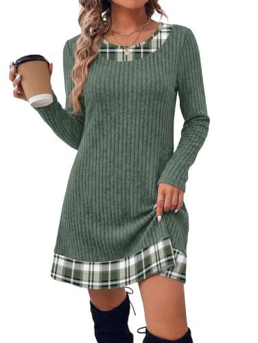 Women's Autumn Winter Plaid Patchwork Bodycon Knitted Sweater Dress teemdrop