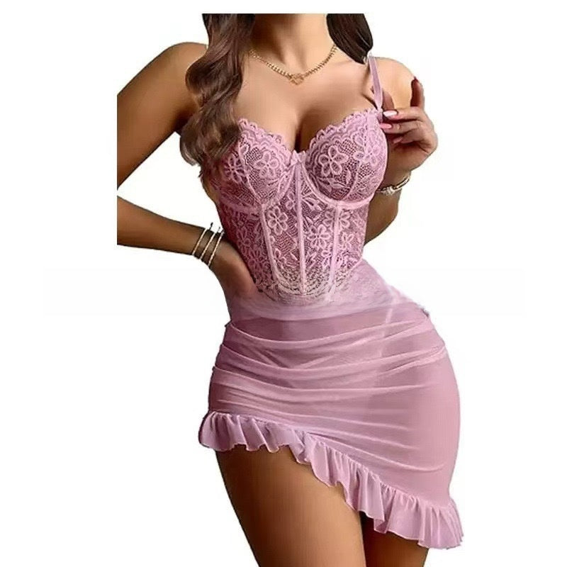 Plus Size Lace Sling Sheer Mesh Nightgown teemdrop