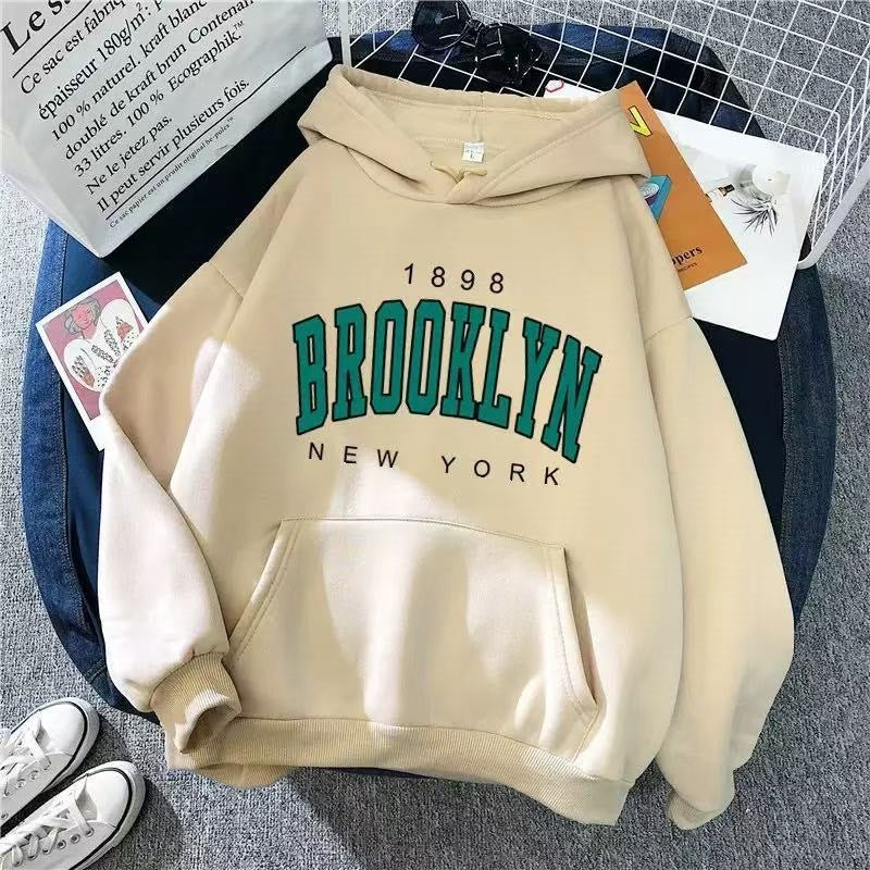 Women's Fleece Lined Hooded Sweatshirt Letter Print Long Sleeve Loose Fit Pullover