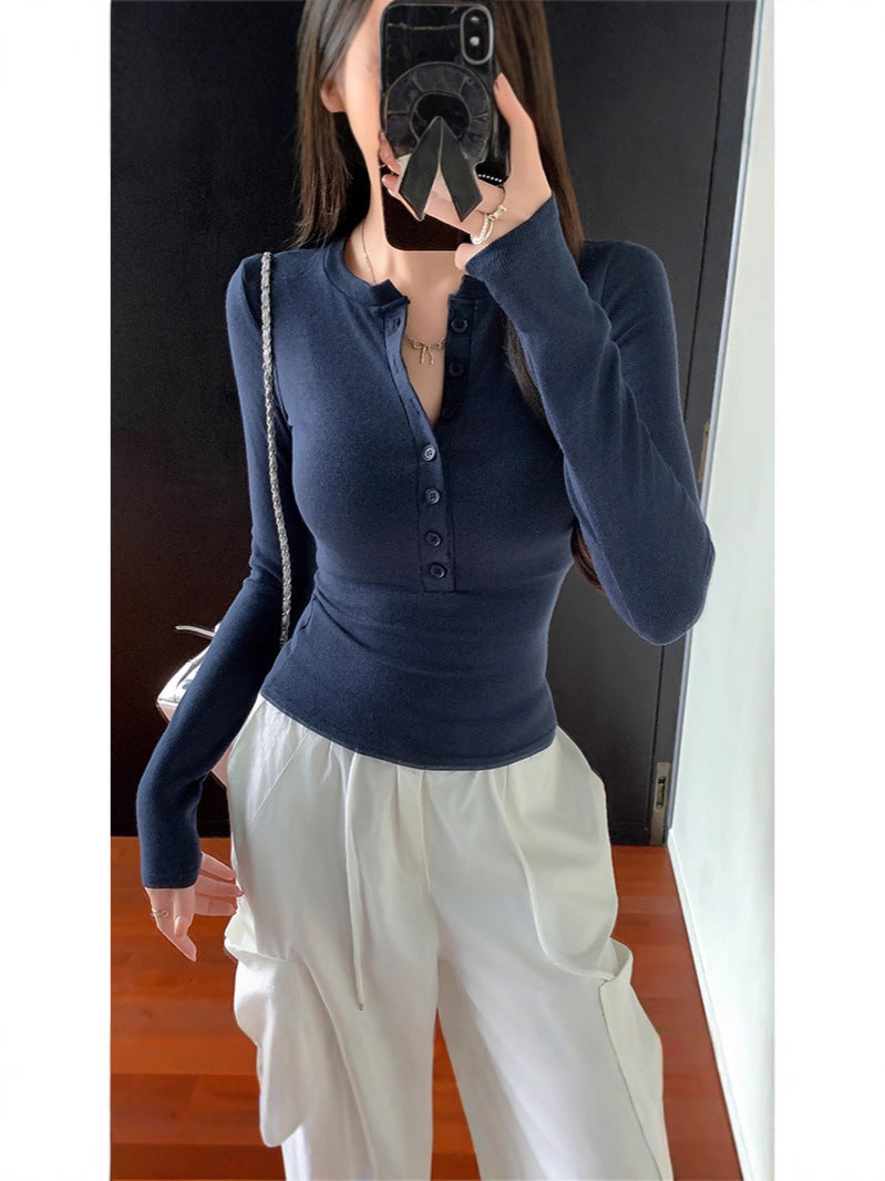 Women's Slim Fit Half-Collar Button Long Sleeve T-Shirt teemdrop