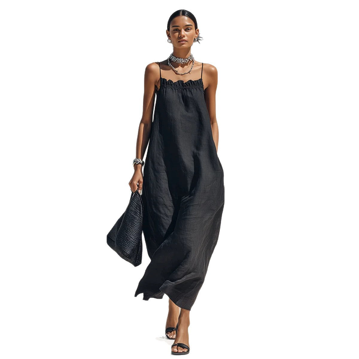 Women's Summer Solid Color Ruffle Collar Sleeveless A-Line Long Dress teemdrop