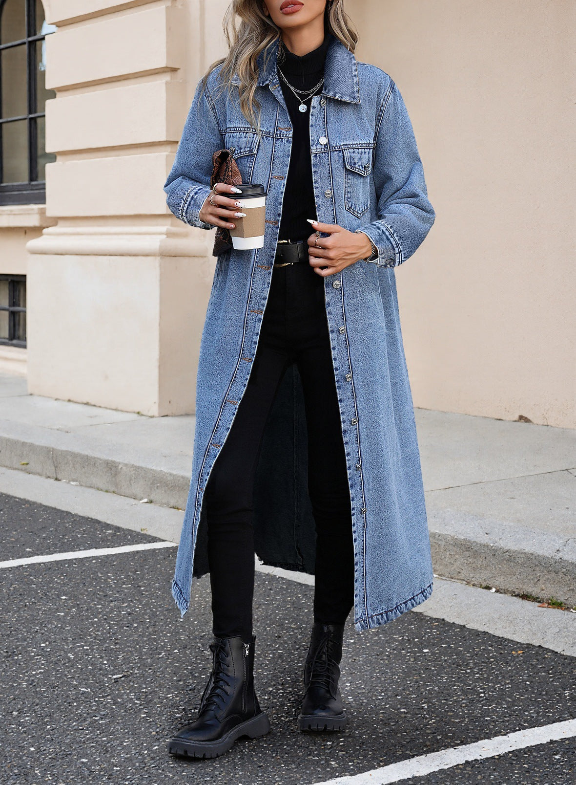 Women Elegant Slim-Fit Long Denim Jacket teemdrop