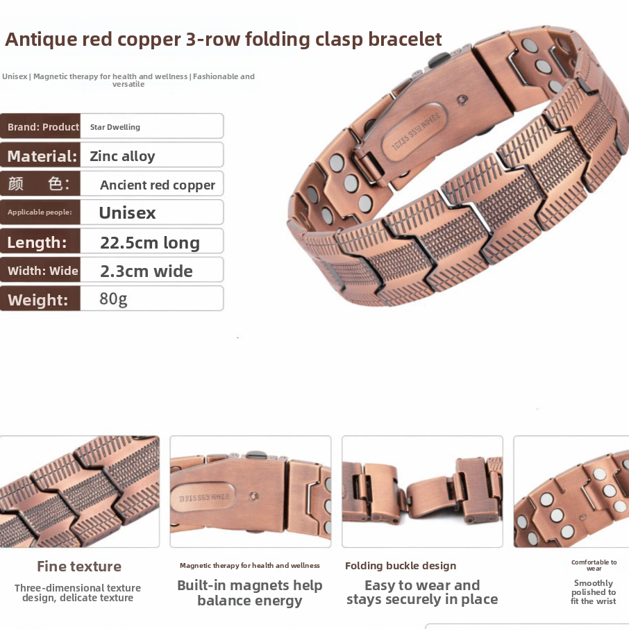 Copper three-row magnet bracelet electroplated brushed folding buckle