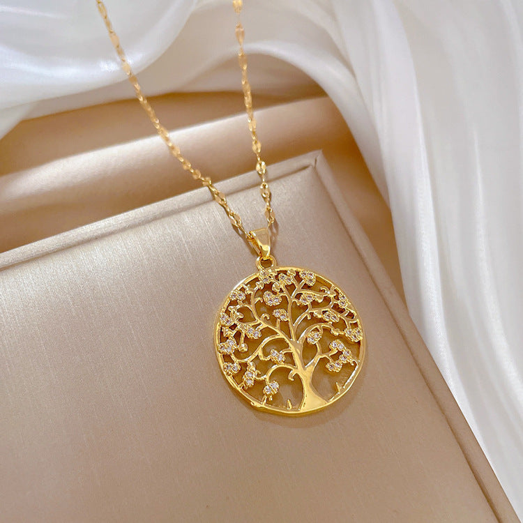 Titanium Steel Tree of Life Pendant Light Luxury Clavicle Necklace Gold Color