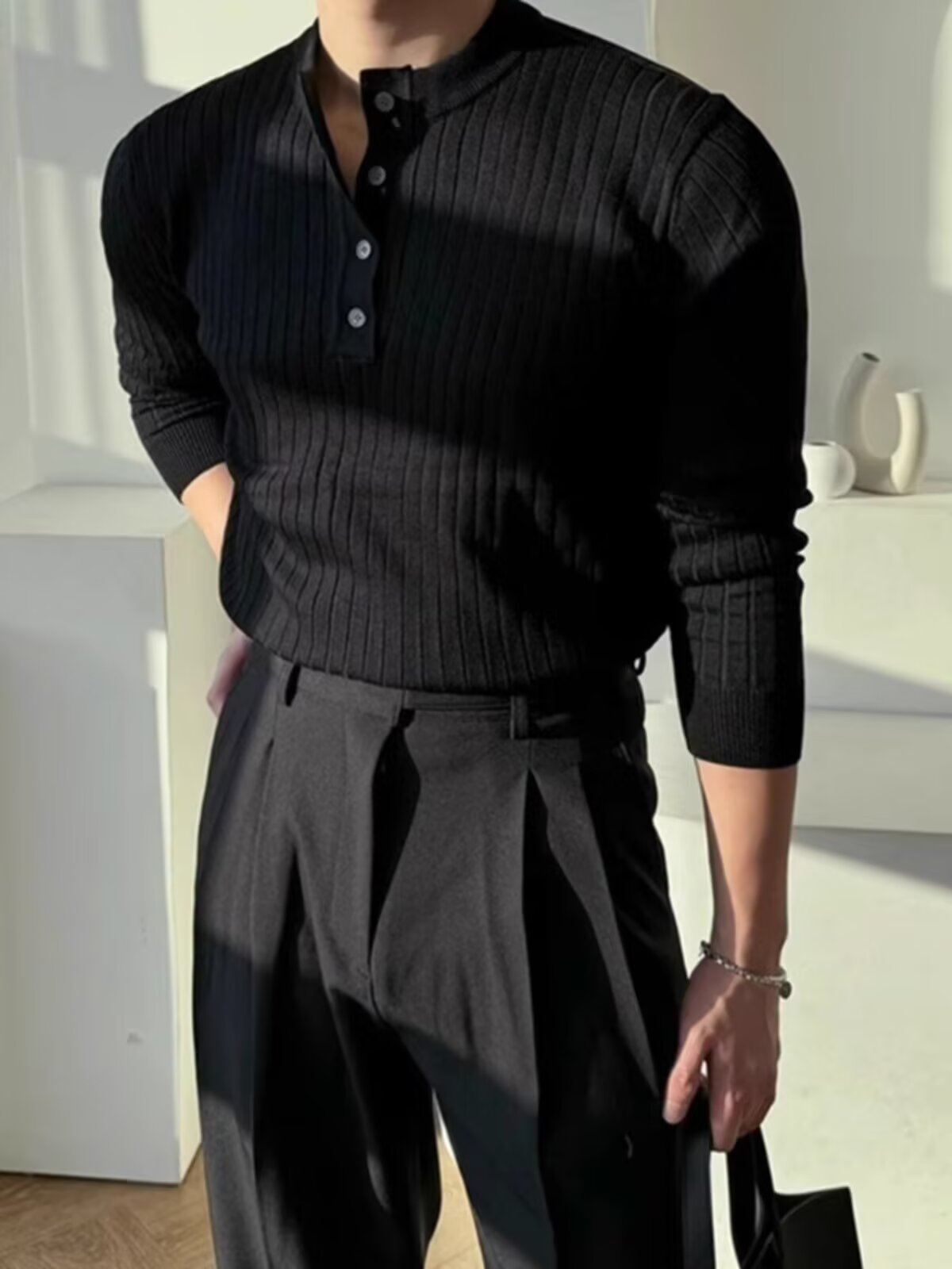 Men's Cotton Blend Henley Sweater Long Sleeve Slim Fit Pullover teemdrop