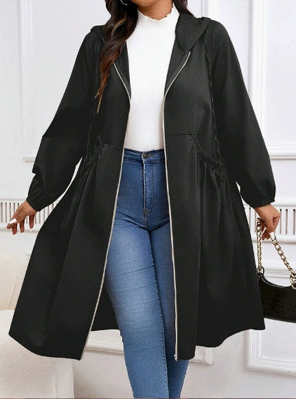 Plus Size Solid Color Pleated Long Sleeve Mid-Length Jacket