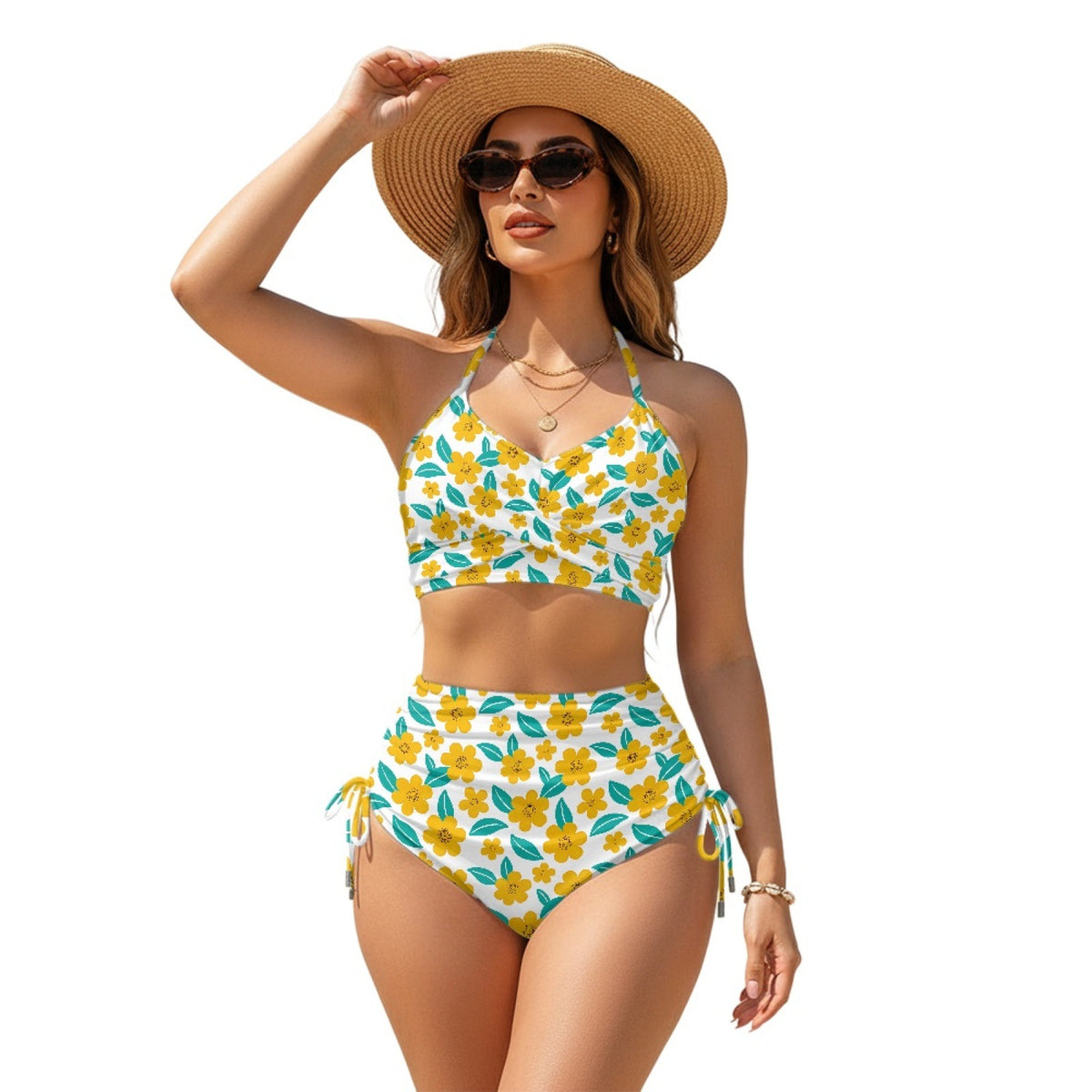 Women Sexy Animal Print High-Waist Drawstring Two-Piece Bikini Swimsuit teemdrop