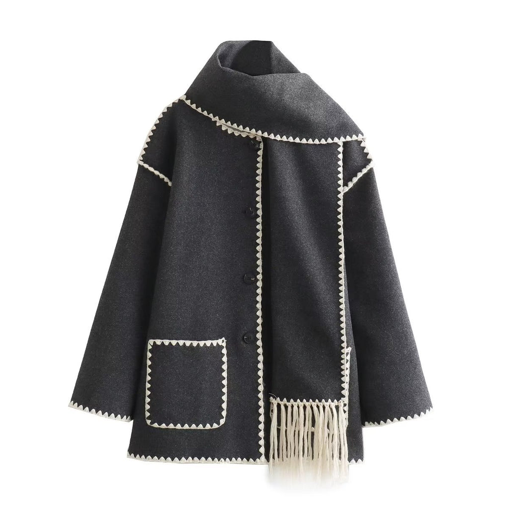 Women's Solid Color Scarf Collar Patchwork Loose Woolen Coat teemdrop