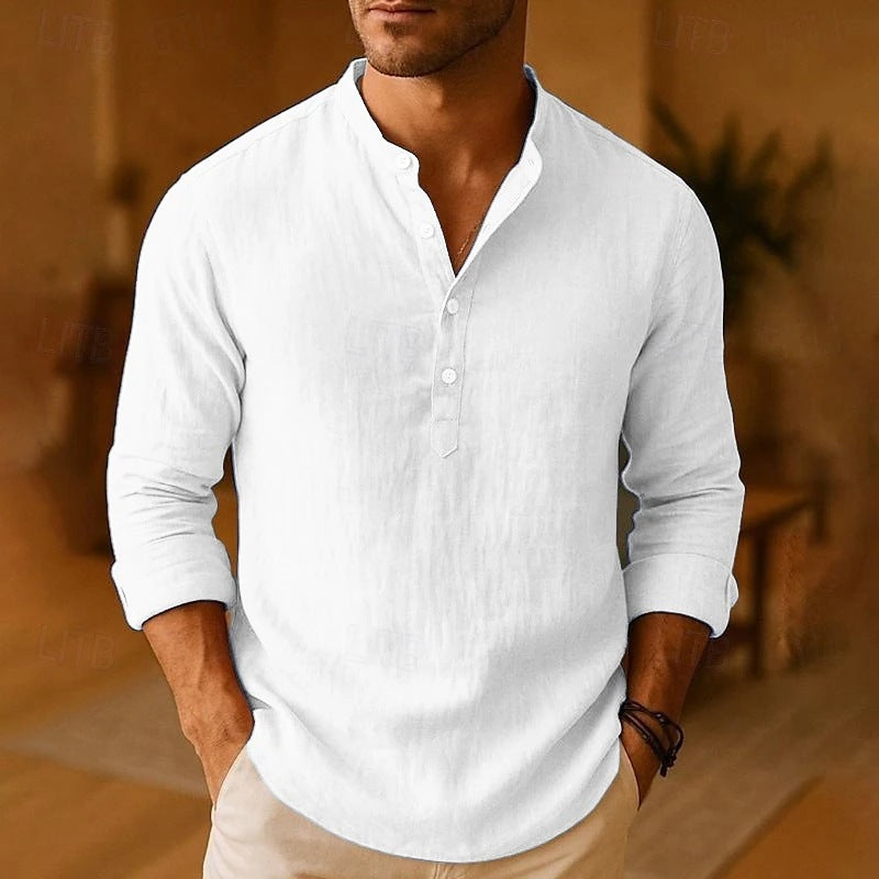 Men's Linen Stand Collar Long Sleeve Breathable Casual Shirt teemdrop