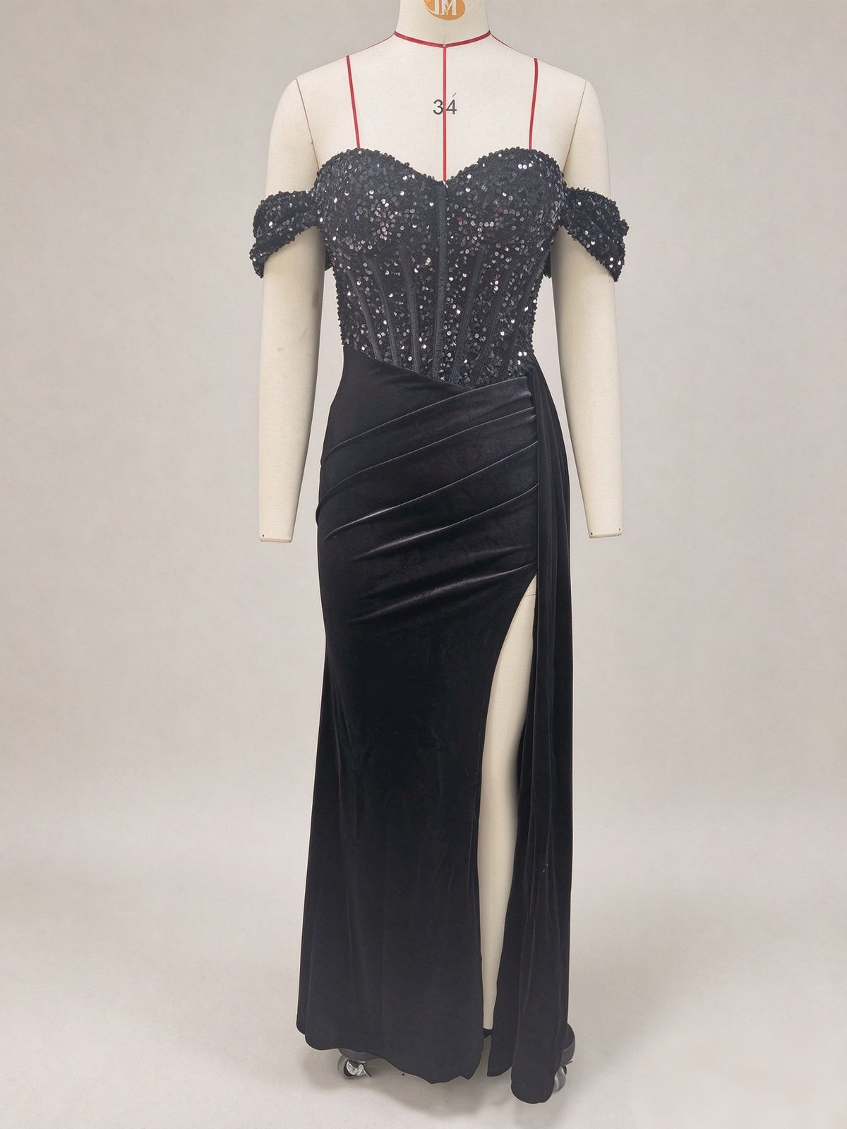 Off Shoulder Sequin Pleated Satin Evening Dress With Slit teemdrop