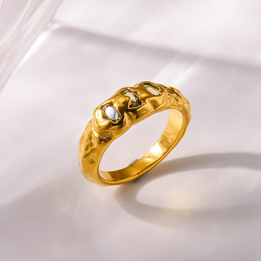 18K Gold Plated Irregular Texture Zircon Ring for Women Stainless Steel