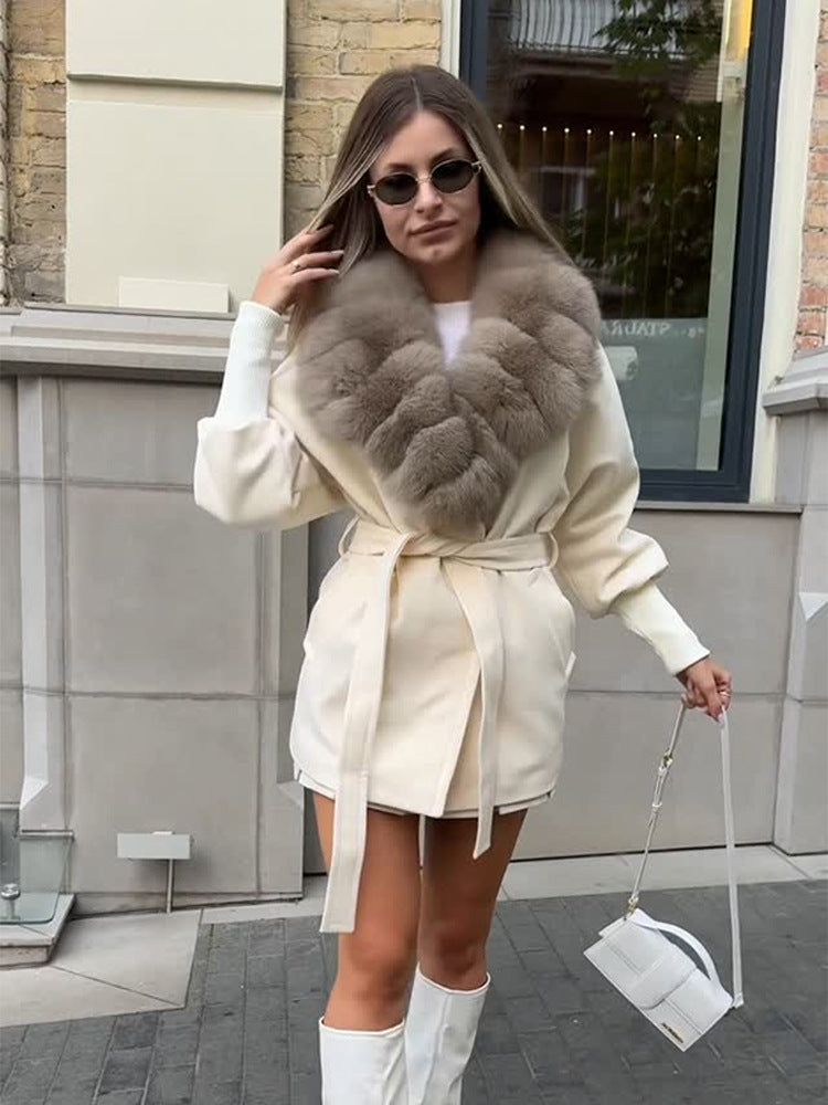 Women's Elegant Faux Fur Collar Tie-Waist Woolen Coat teemdrop