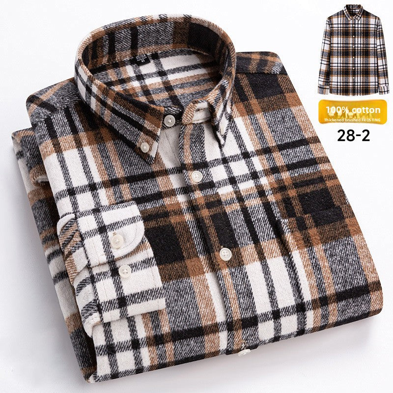 Men's 100% Cotton Thickened Brushed Plaid Long Sleeve Button Down Shirt