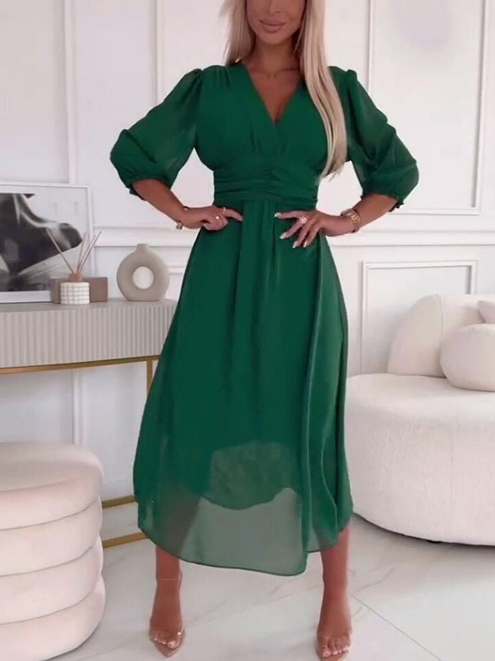 Women's Slim-Fit Flared Sleeve V-Neck Chiffon Mid-Length Dress