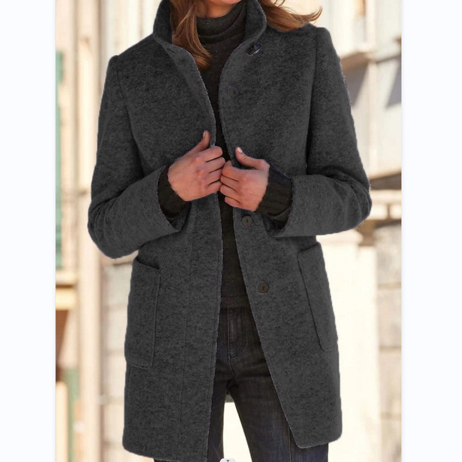 Womens Retro Solid Color Buttoned Stand Collar Coats