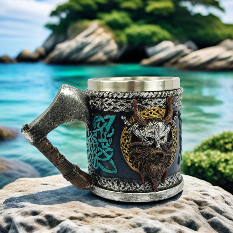 Viking Horn Shaped Beer Mug with Axe Handle 450ml Stainless Steel Drinking Cup for Parties teemdrop