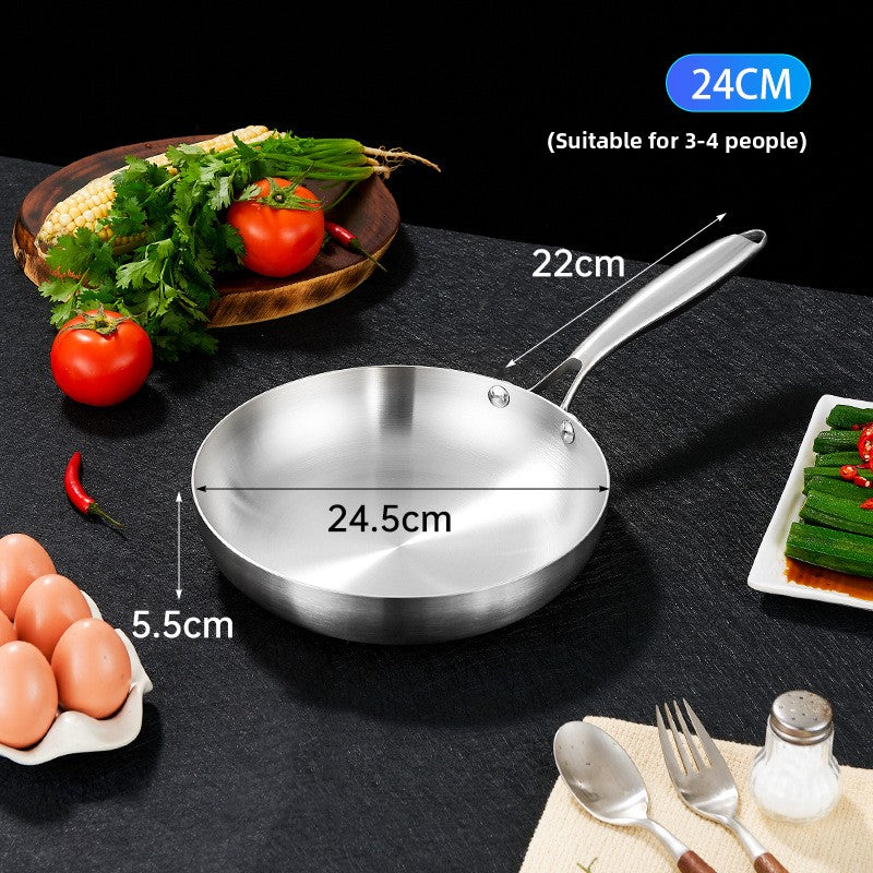 Thickened 304 Stainless Steel Non-Coated Frying Pan with Three-Layer Composite Bottom