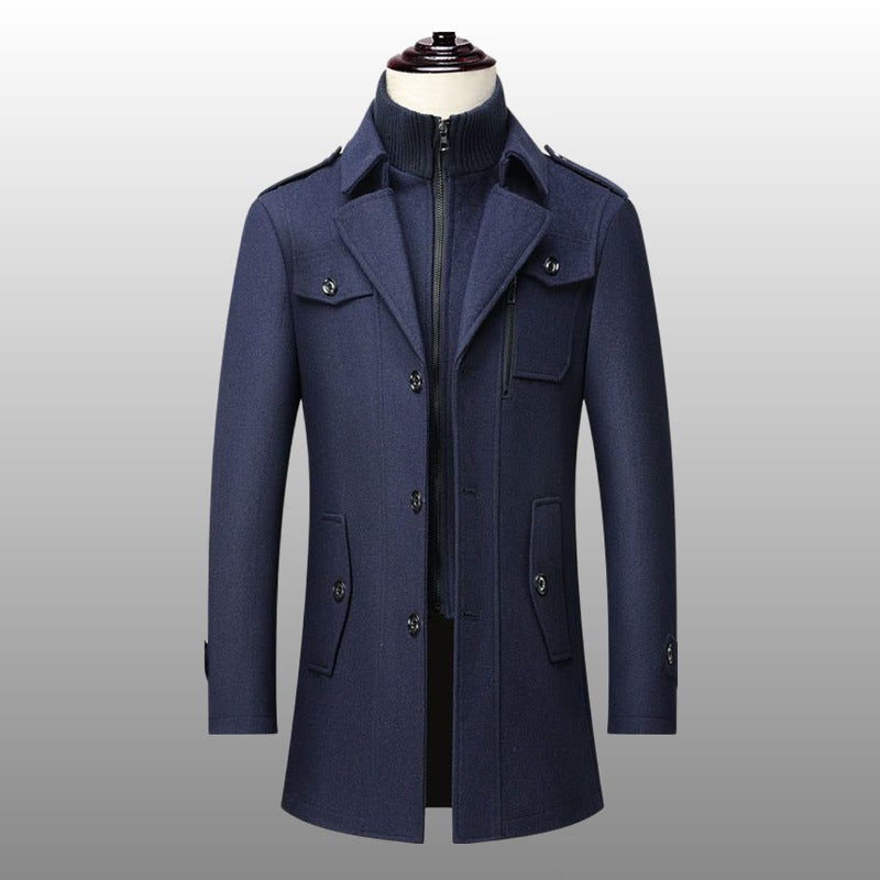 Men's Warm Double-Collar Woolen Coat with Loose Fit and Zip Closure teemdrop
