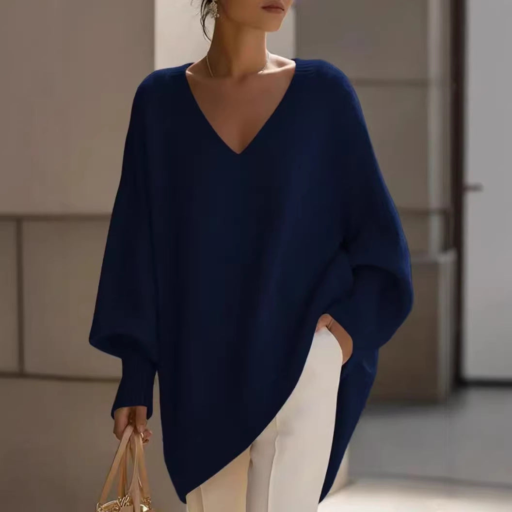 Solid-color long-sleeved V-neck relaxed style sweater for women, loose knitted top teemdrop