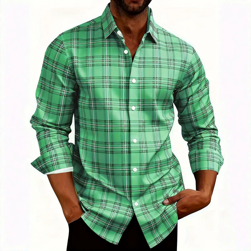 Men's American Retro Plaid Long Sleeve Shirt Casual Lapel Fitted Cardigan teemdrop