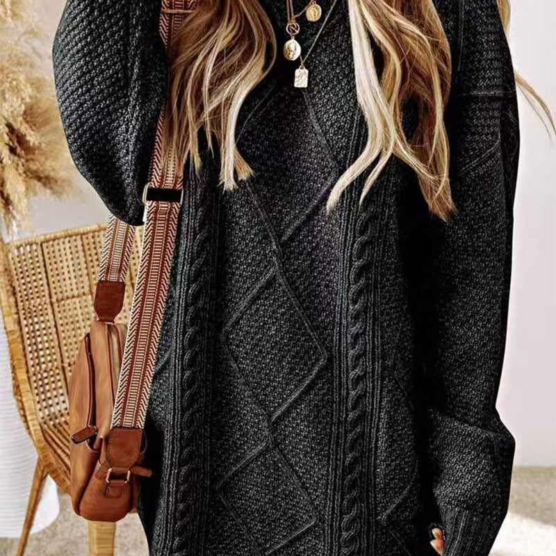Women's Arctic Velvet Twist Pattern Mid-Length Loose Pullover Sweater teemdrop