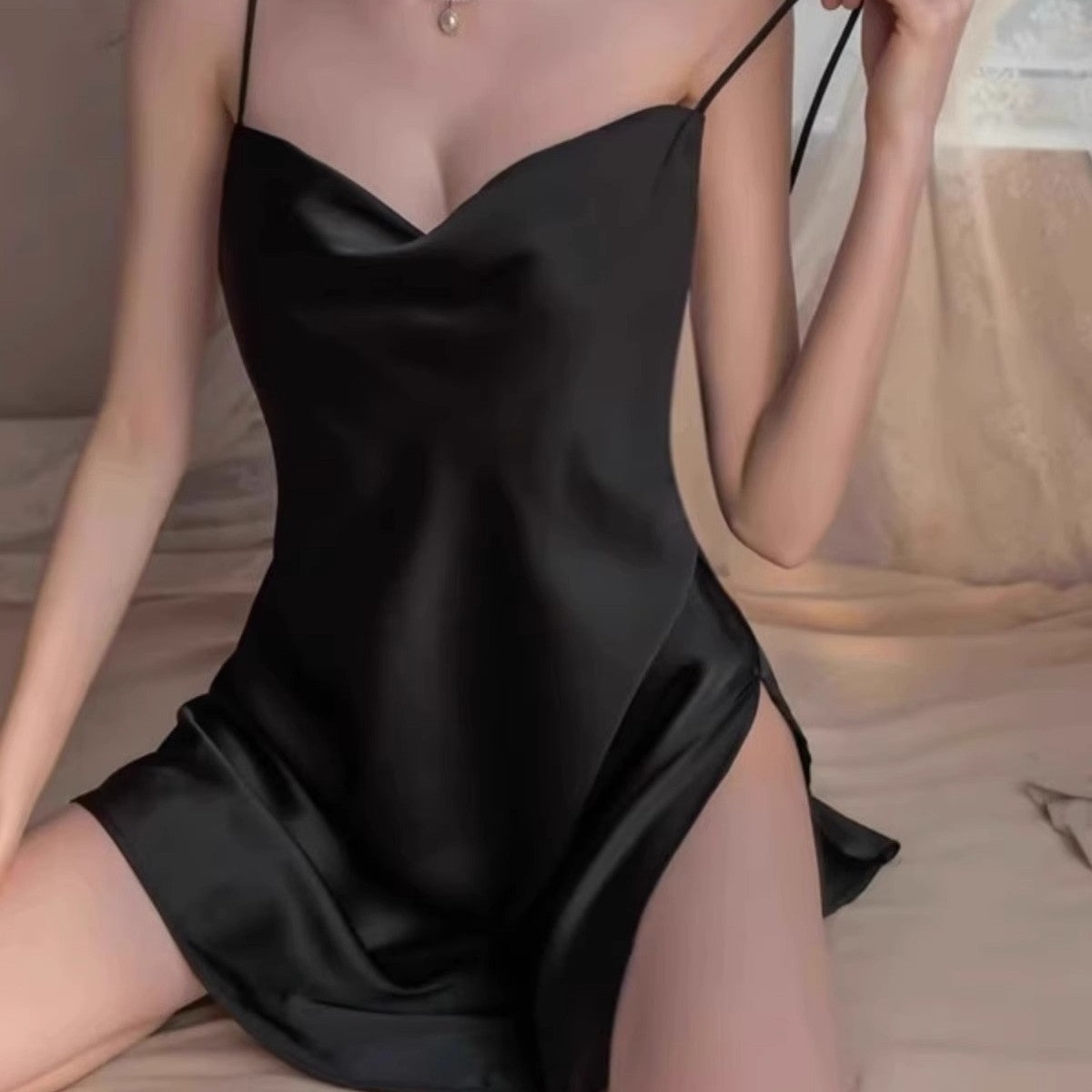 Women's Ice Silk Satin Slit Cami Nightgown Sleeveless Loungewear teemdrop