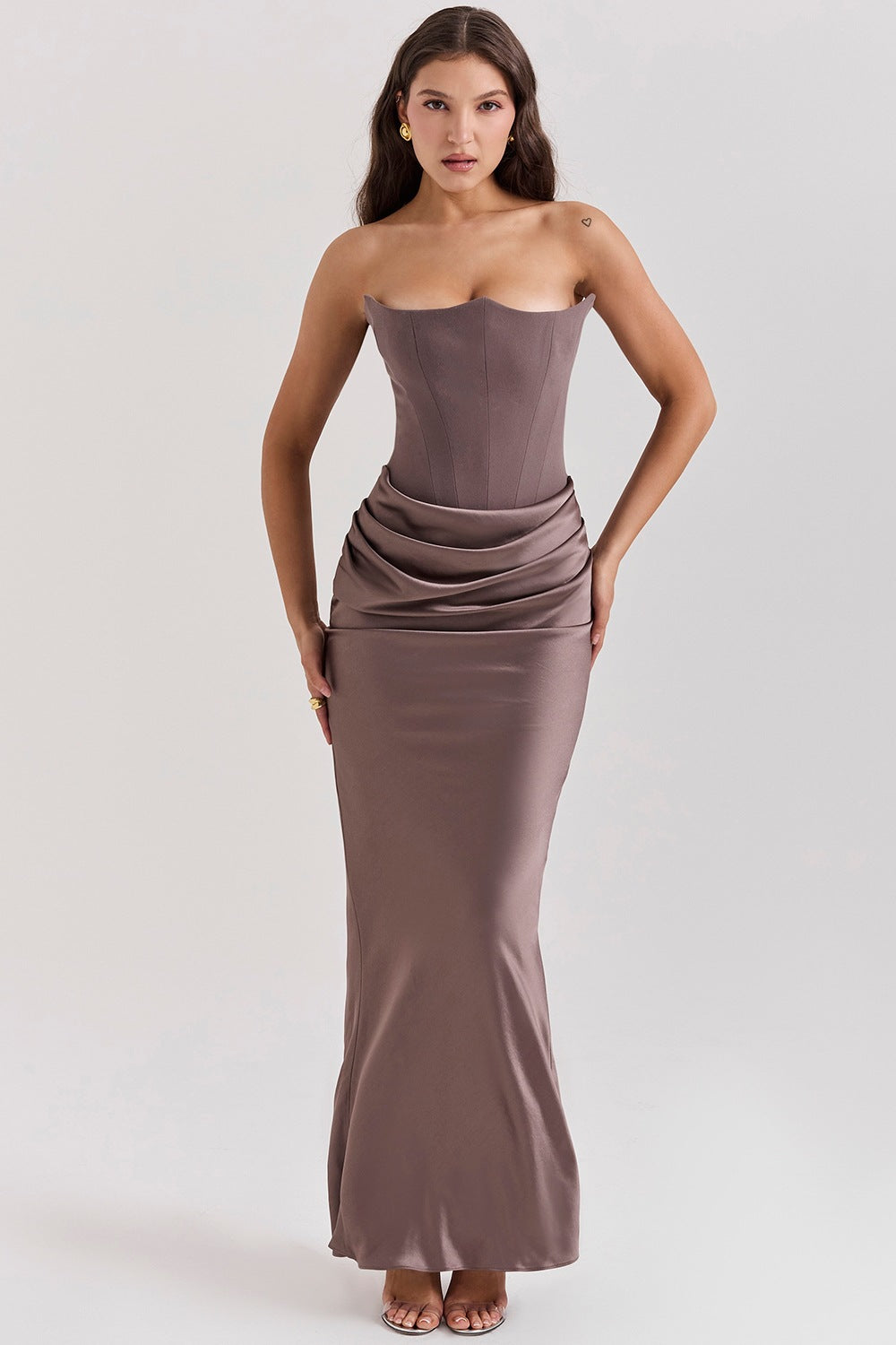 Women's Satin Off-Shoulder Pleated Long Bodycon Dress teemdrop