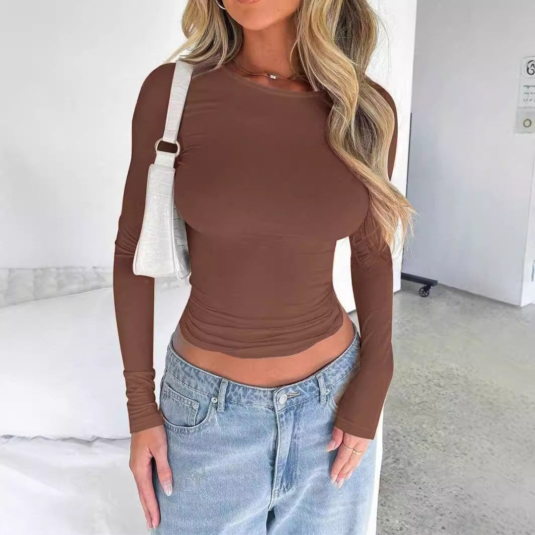 Women's Slim Fit Long Sleeve Solid Color Crewneck T-Shirt teemdrop