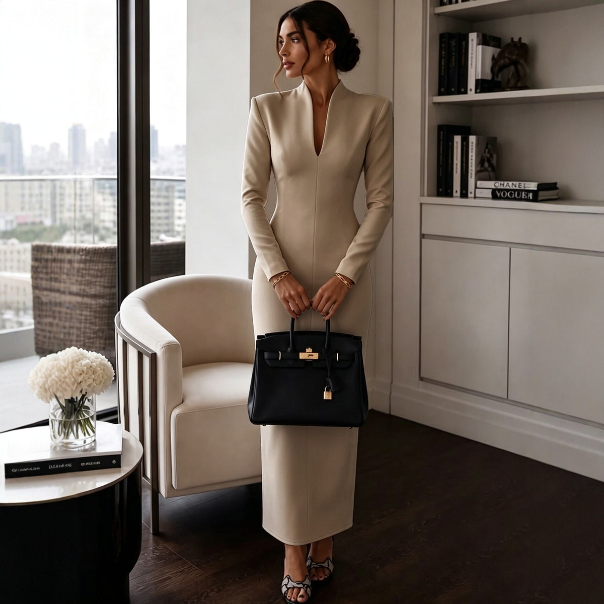 Women's Elegant Stand Collar V-Neck Long Sleeve Bodycon Dress teemdrop