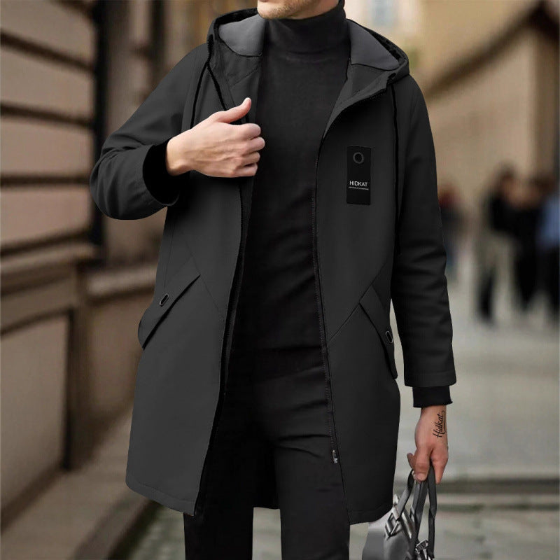 Men's Slim-Fit Mid-Length Windbreaker with Hood