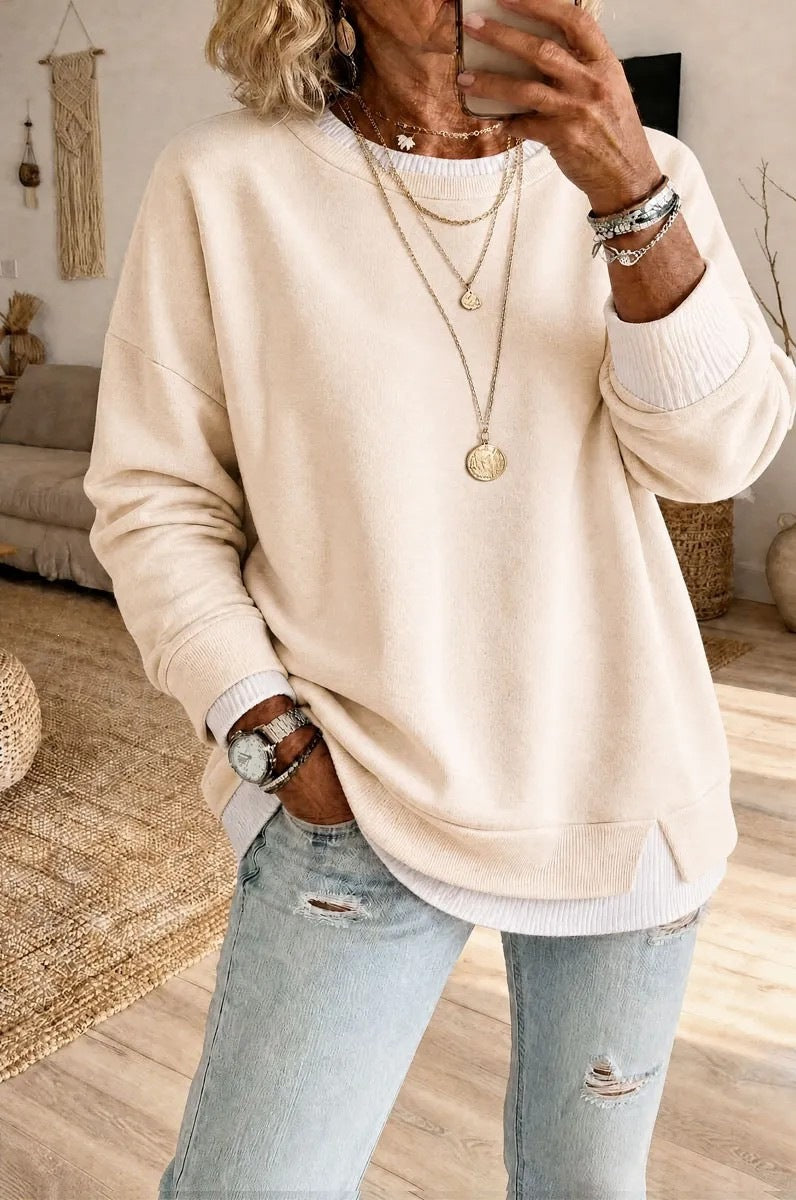 Women's Fake Two-Piece Ribbed Split Hem Round Neck Long Sleeve Pullover teemdrop