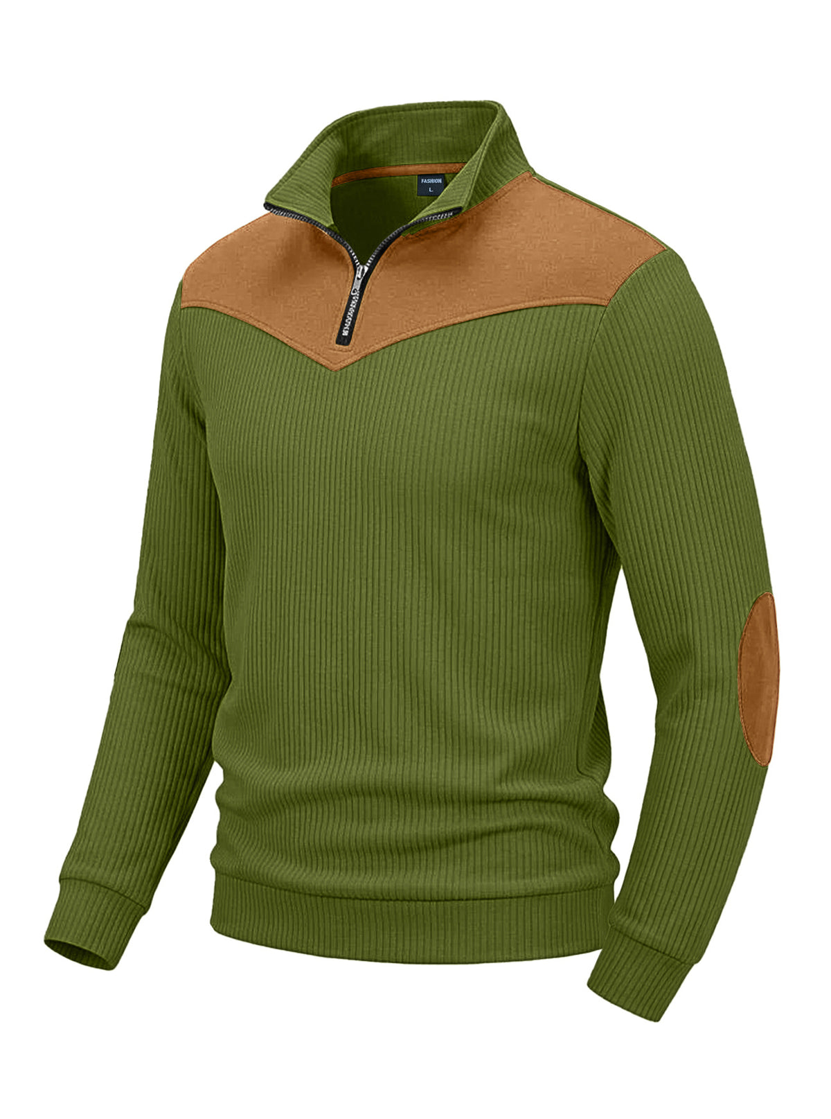 Men's Clothing Vertical Ribbed Half-Zip Stand Collar Sweatshirt with Suede Patchwork Retro Long-Sleeve teemdrop