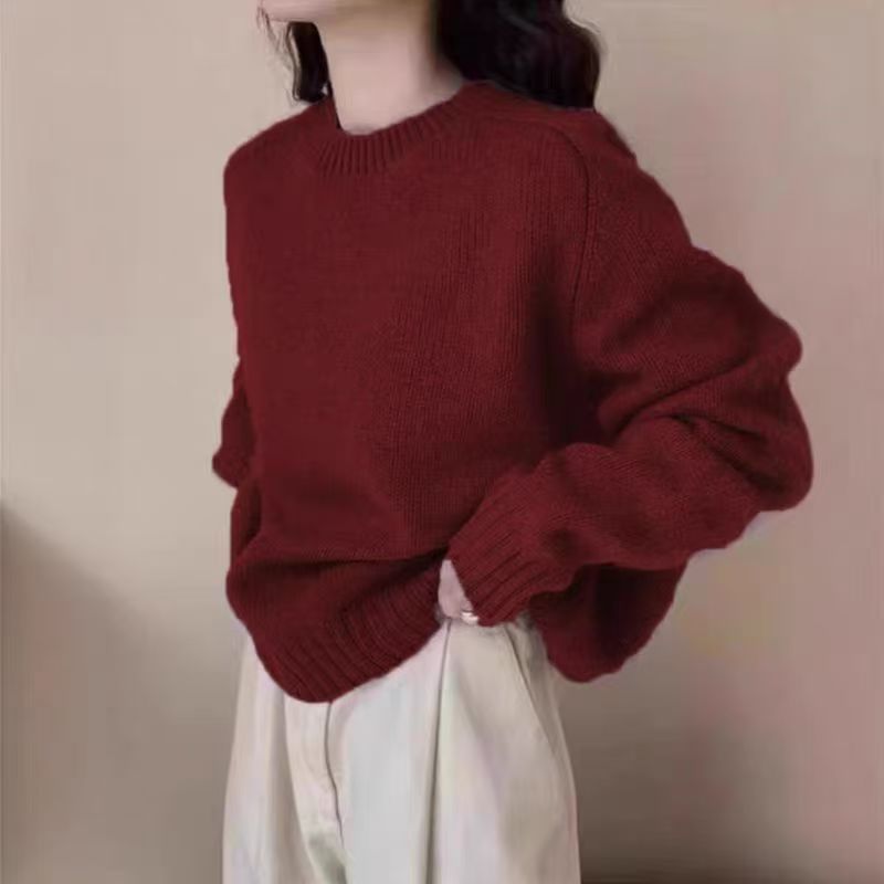 Women's Soft Waxy Knit Sweater Round Neck Long Sleeve Pullover teemdrop