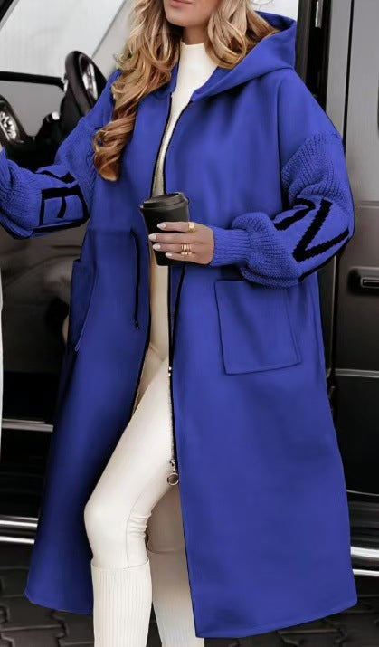 Women's Casual Hooded Long Patchwork Zip-Up Coat