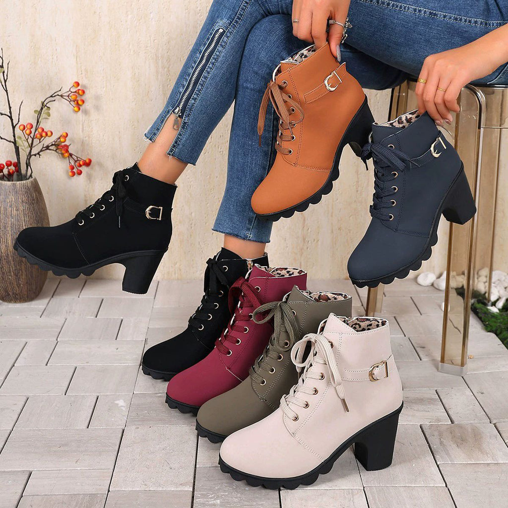 Thick Heel Ankle Boots Round-Toe Lace-Up Martin Boots