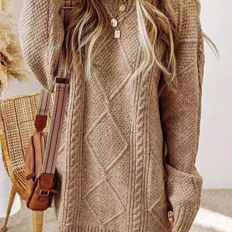 Women's Arctic Velvet Twist Pattern Mid-Length Loose Pullover Sweater teemdrop