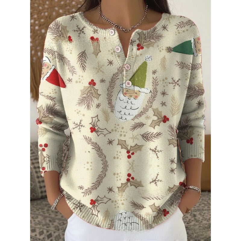 Women Retro Christmas 3D Print Four-Button Stand-Up Collar Long Sleeve T-Shirt teemdrop